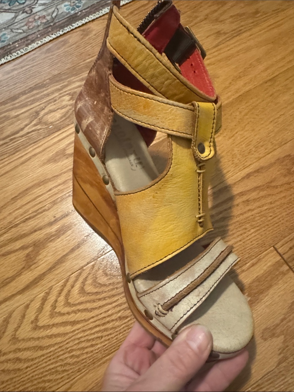 Bed Stu Yellow Brown Leather Platform Wedge Sandals - Picture 2 of 6